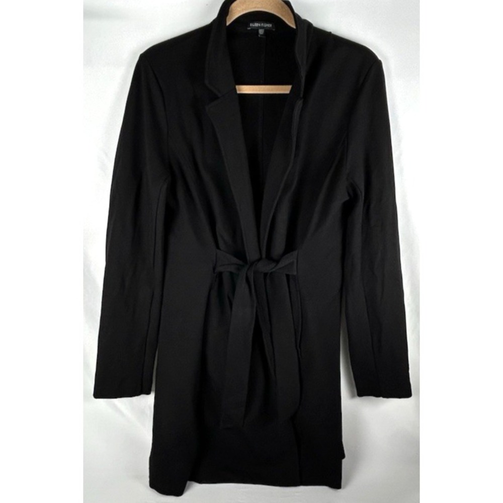 Eileen Fisher Black Tie Front Long Blazer Jacket Sz M Viscose Belted Minimalist